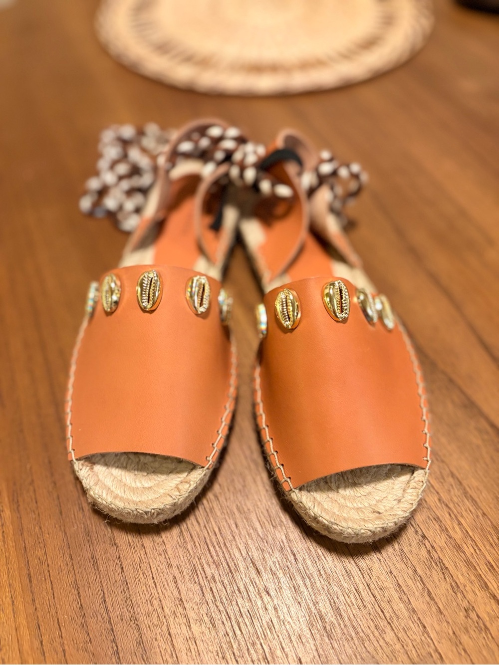 Free People Cowrie Shell Tan Leather Espadrille Sandals - Picture 7 of 8